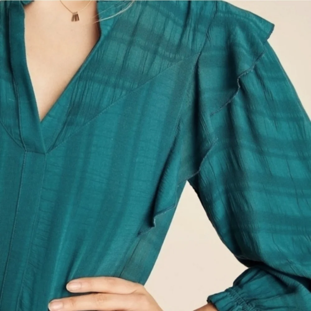 NWT Anthropologie Amadi Turquoise Rossi Ruffled Tunic Long-Sleeve Dress, Size XS